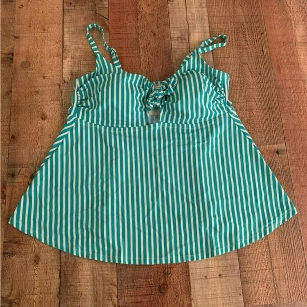 Kona Sol womens plus size 20W green and white striped tankini with front tie